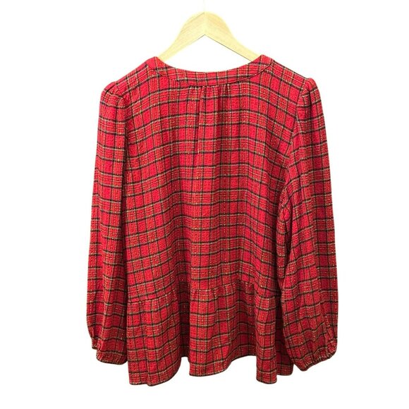 Loft Women's Red Plaid Button-Down Drawstring Blouse Size XL Peplum Christmas - Picture 5 of 6